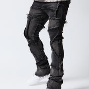 "PATCHWORK" FADED BLACK STACKED FLARE JEAN