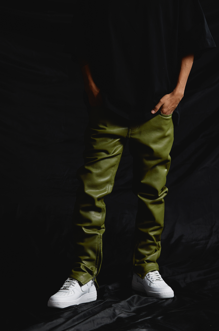 "JEDI" OLIVE SKINNY/STACKED FLARE JEAN