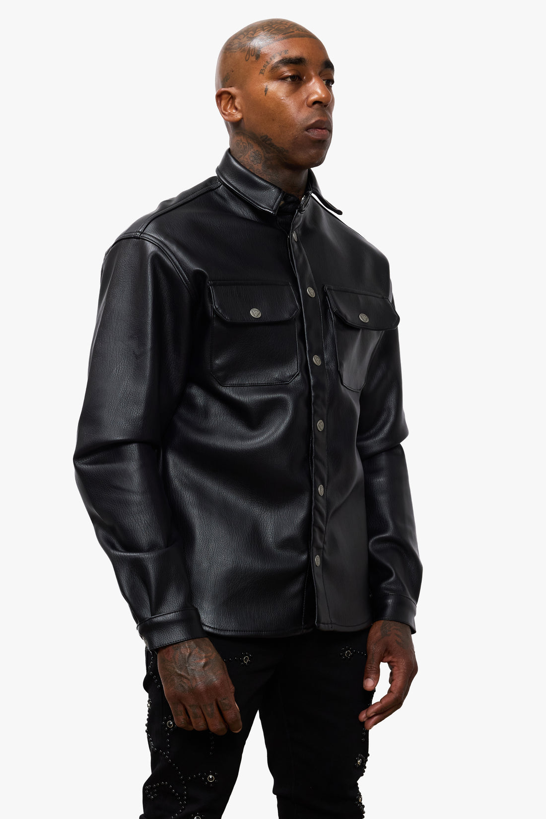 Mr.Button Down Black Leather