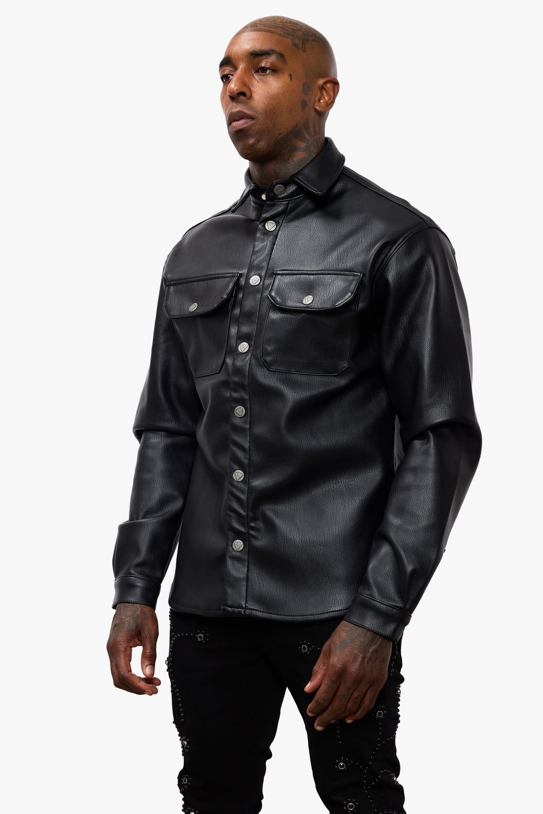 Mr.Button Down Black Leather
