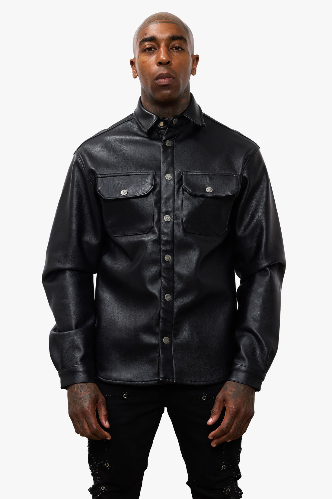 Mr.Button Down Black Leather
