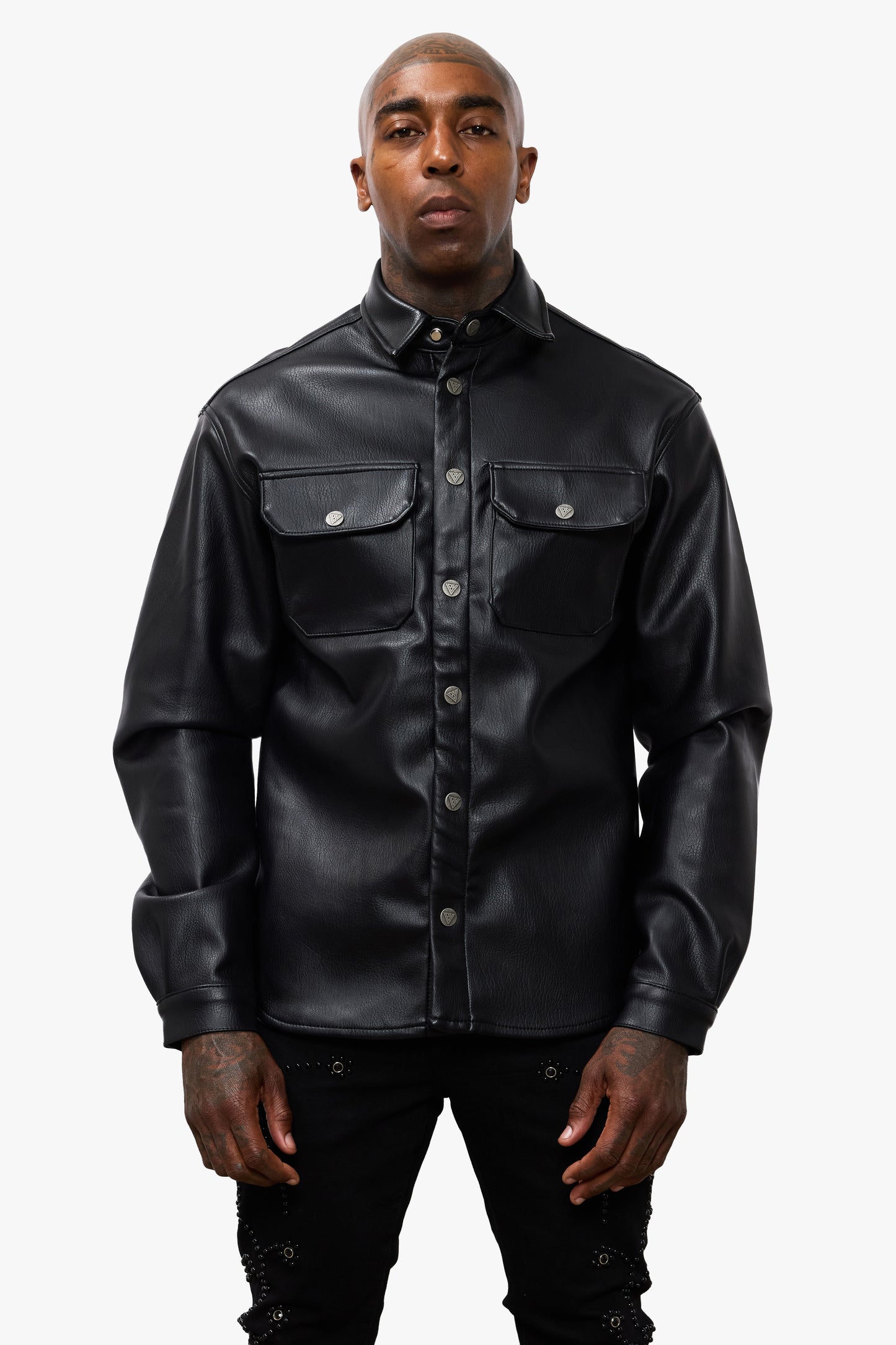 Mr.Button Down Black Leather