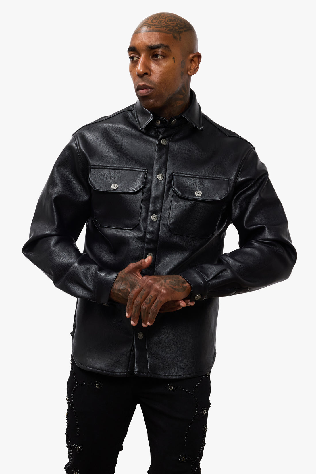 Mr.Button Down Black Leather