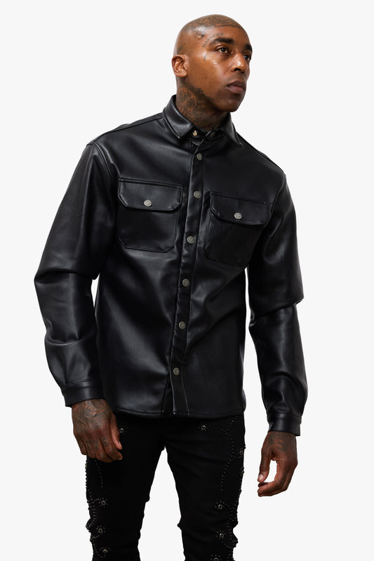 Mr.Button Down Black Leather