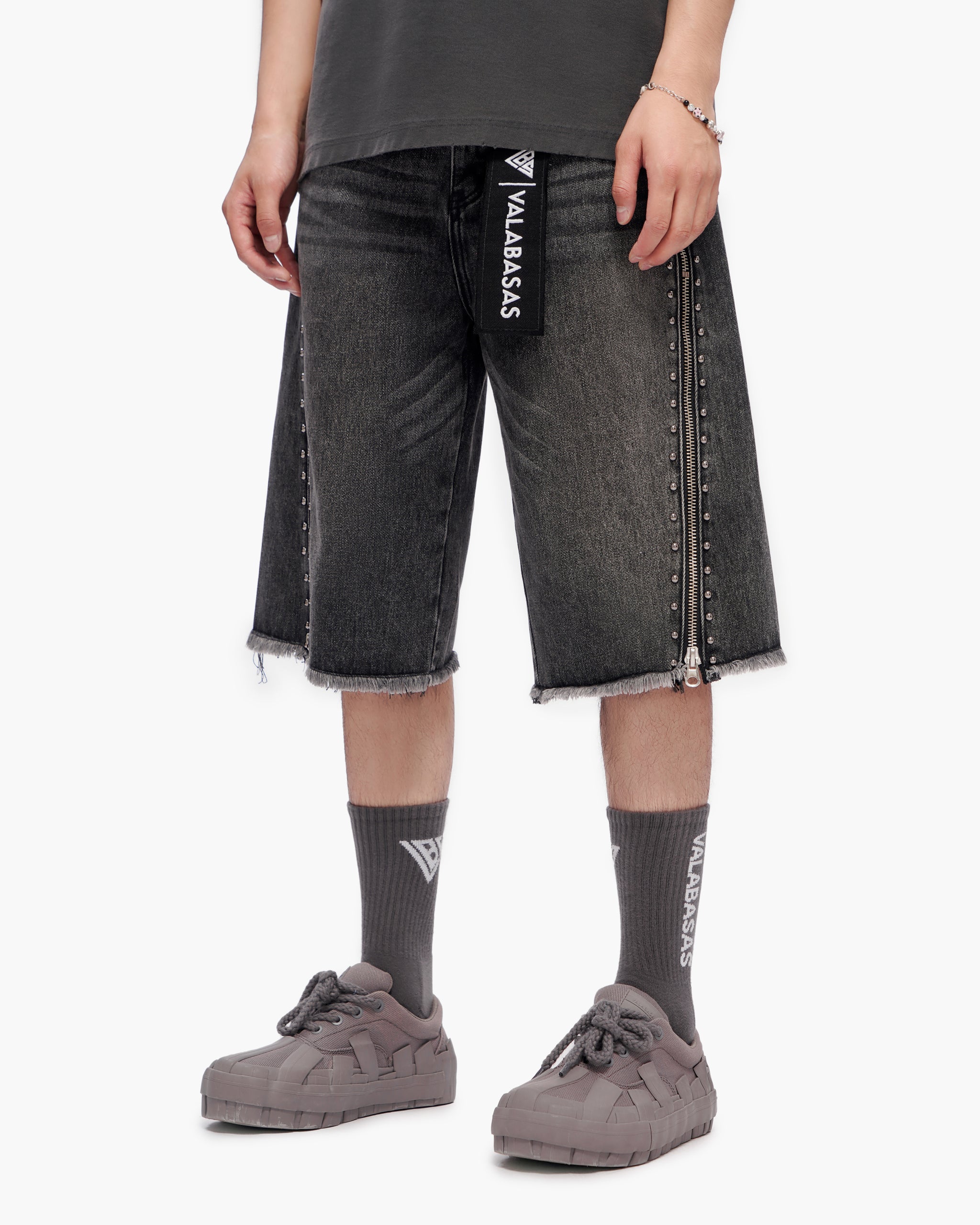 VALABASAS Chosen Jorts Grey Wash front left full-length view