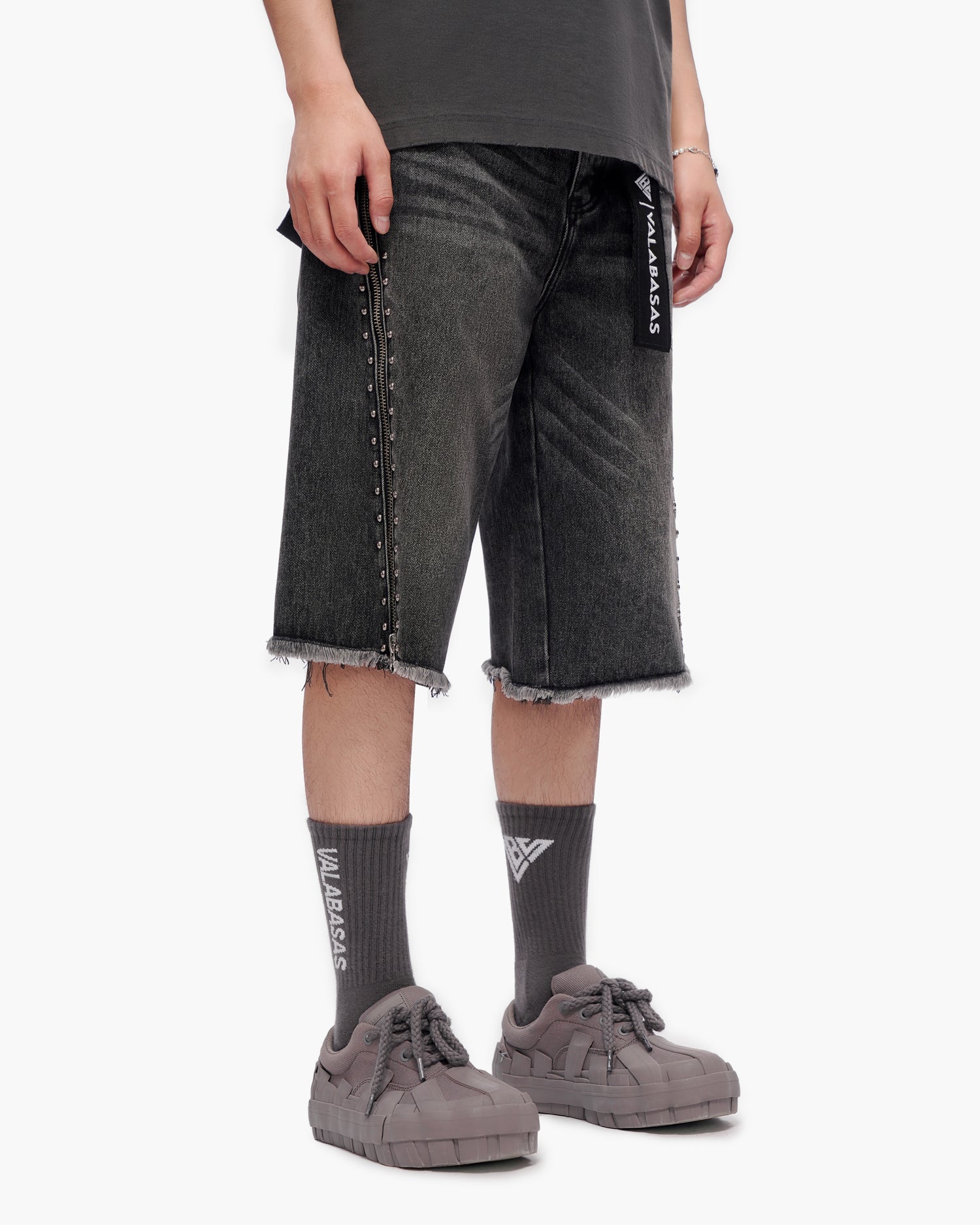 VALABASAS Chosen Jorts Grey Wash front right full-length view