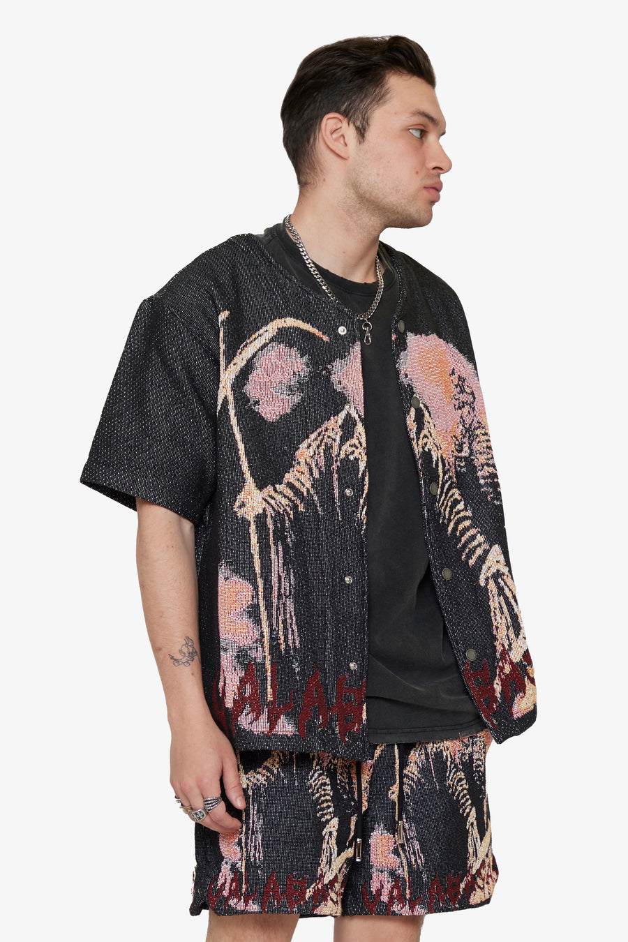 "GHOST HANDS" BLACK TAPESTRY BUTTON UP