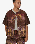 "GHOST HANDS" BROWN TAPESTRY BUTTON UP