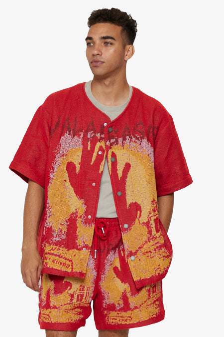 "GHOST HANDS" RED TAPESTRY BUTTON UP