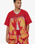 "GHOST HANDS" RED TAPESTRY BUTTON UP