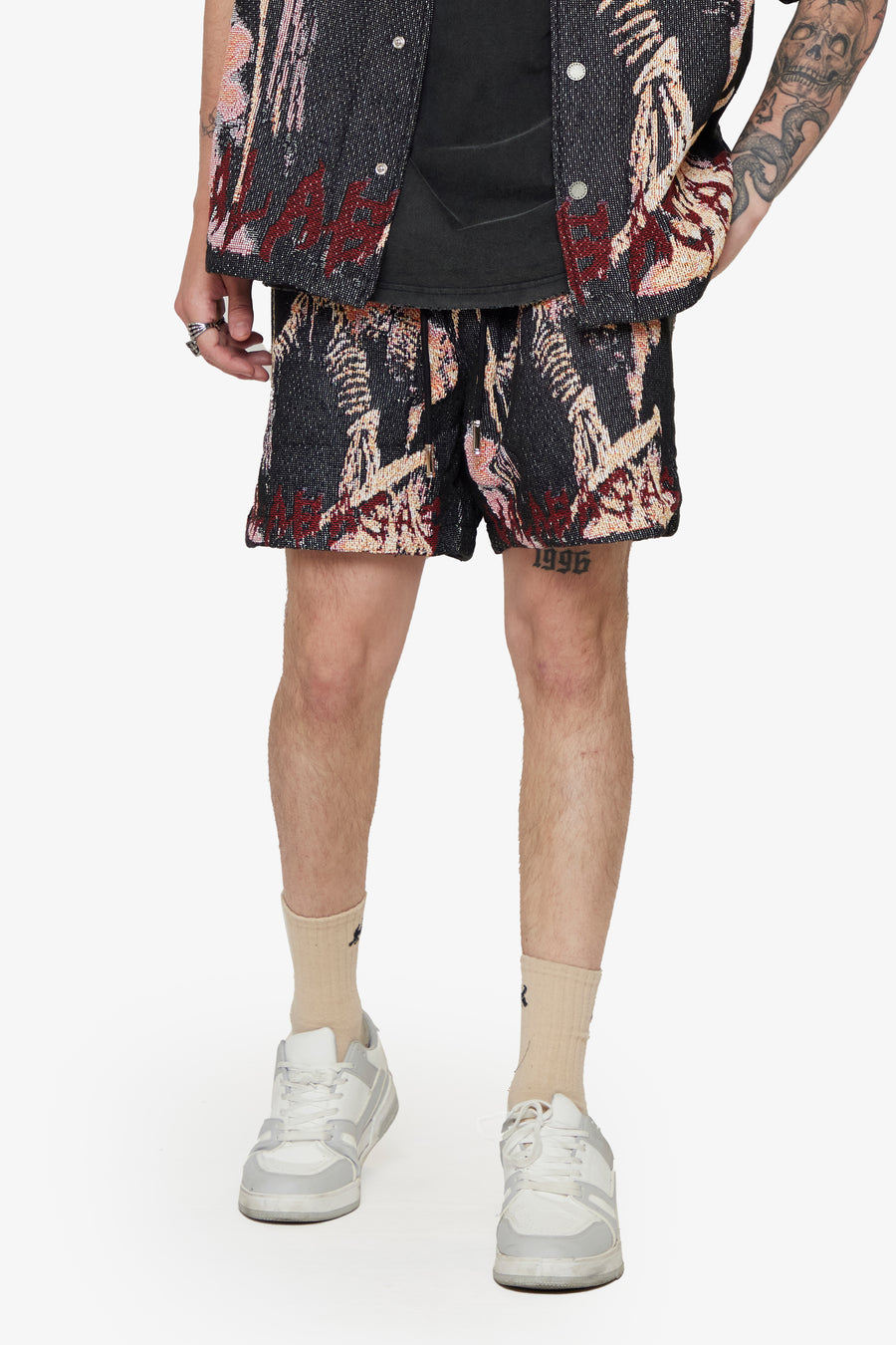 "GHOST HANDS" BLACK TAPESTRY SHORTS