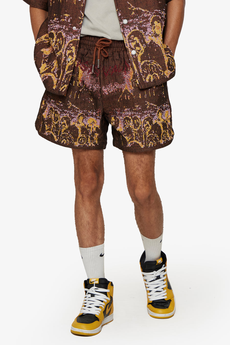 "GHOST HANDS" BROWN TAPESTRY SHORTS