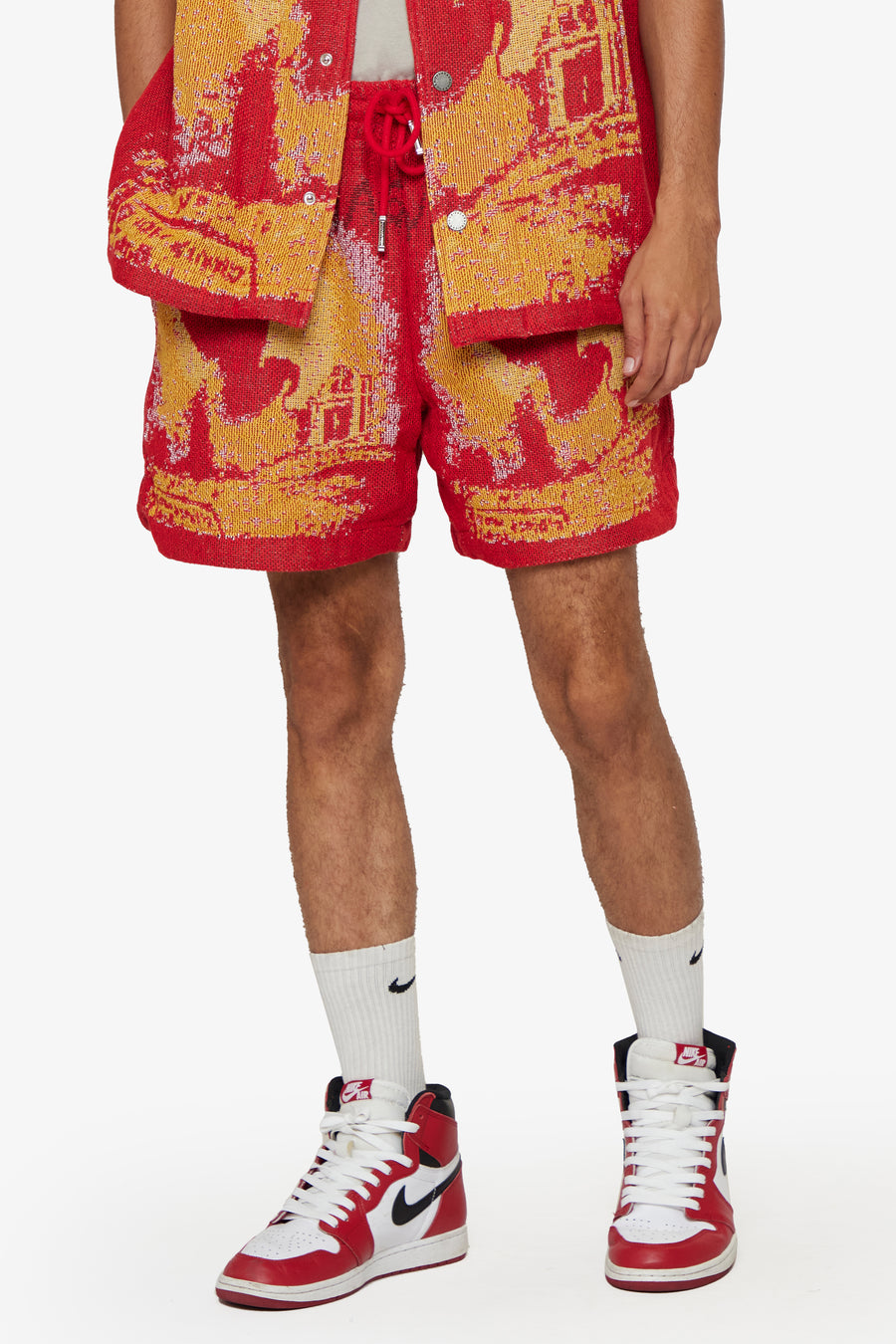 "GHOST HANDS" RED TAPESTRY SHORTS