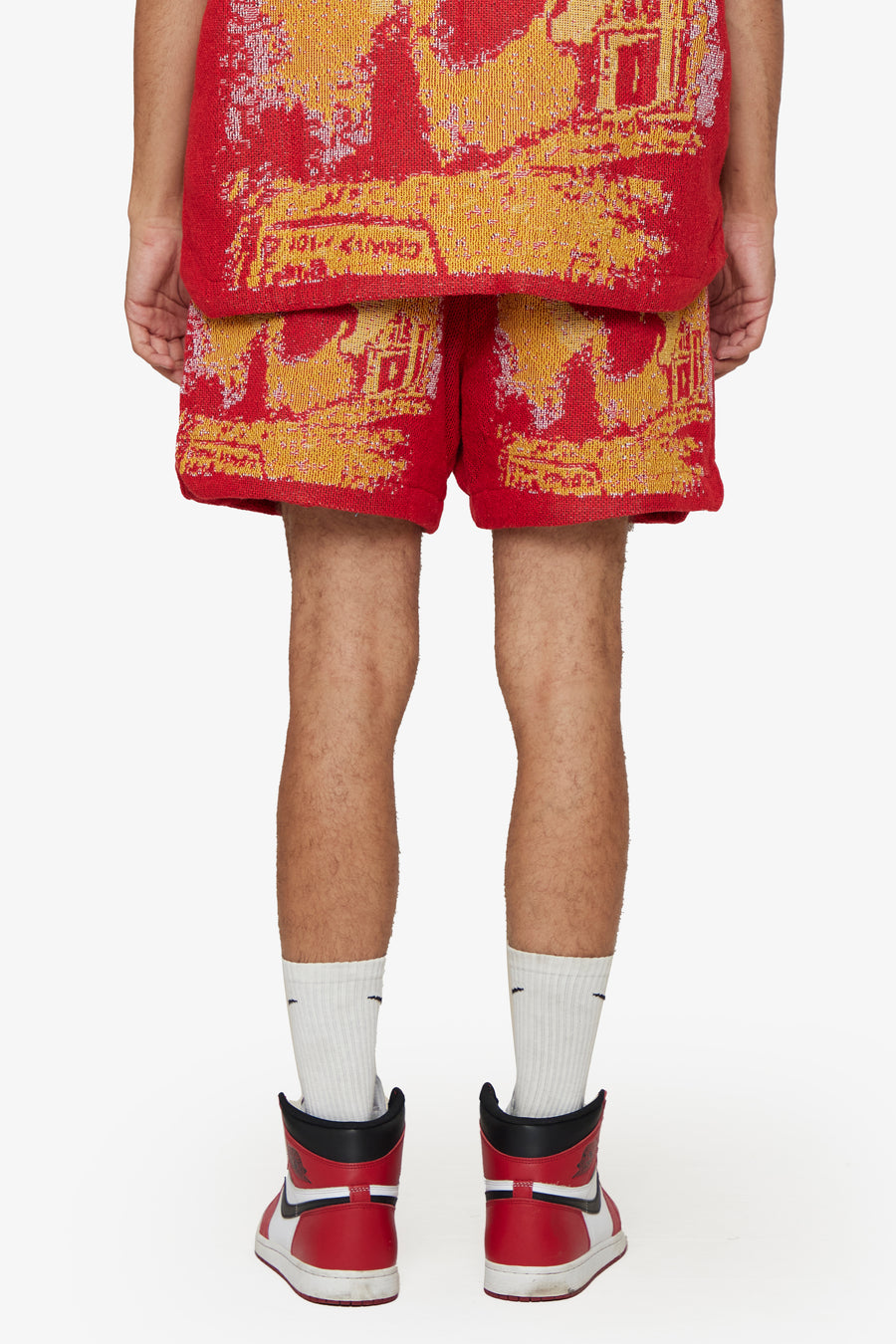 "GHOST HANDS" RED TAPESTRY SHORTS