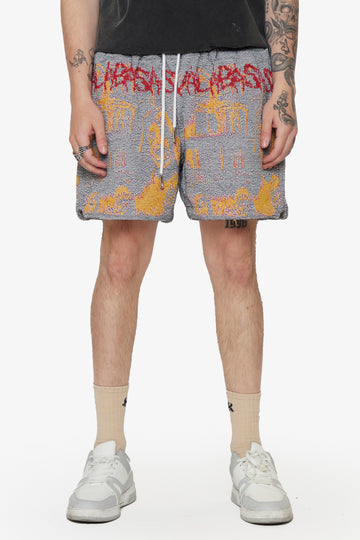 "GHOST HANDS" WHITE TAPESTRY SHORTS