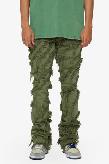 “GRIT” OLIVE WASHED STACKED FLARE JEAN