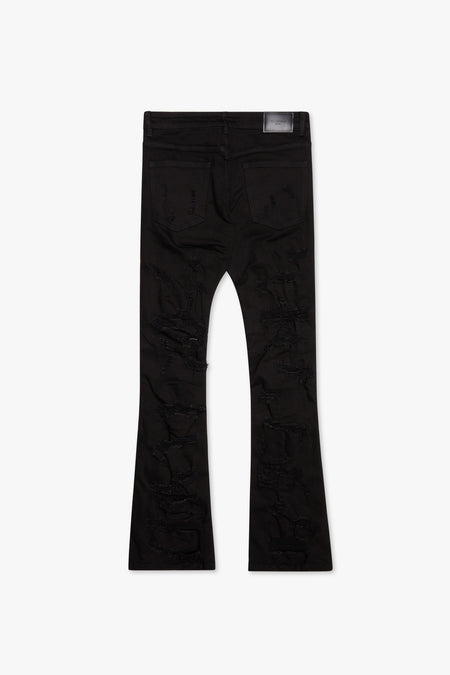 "BREACH" BLACK STACKED FLARE DENIM