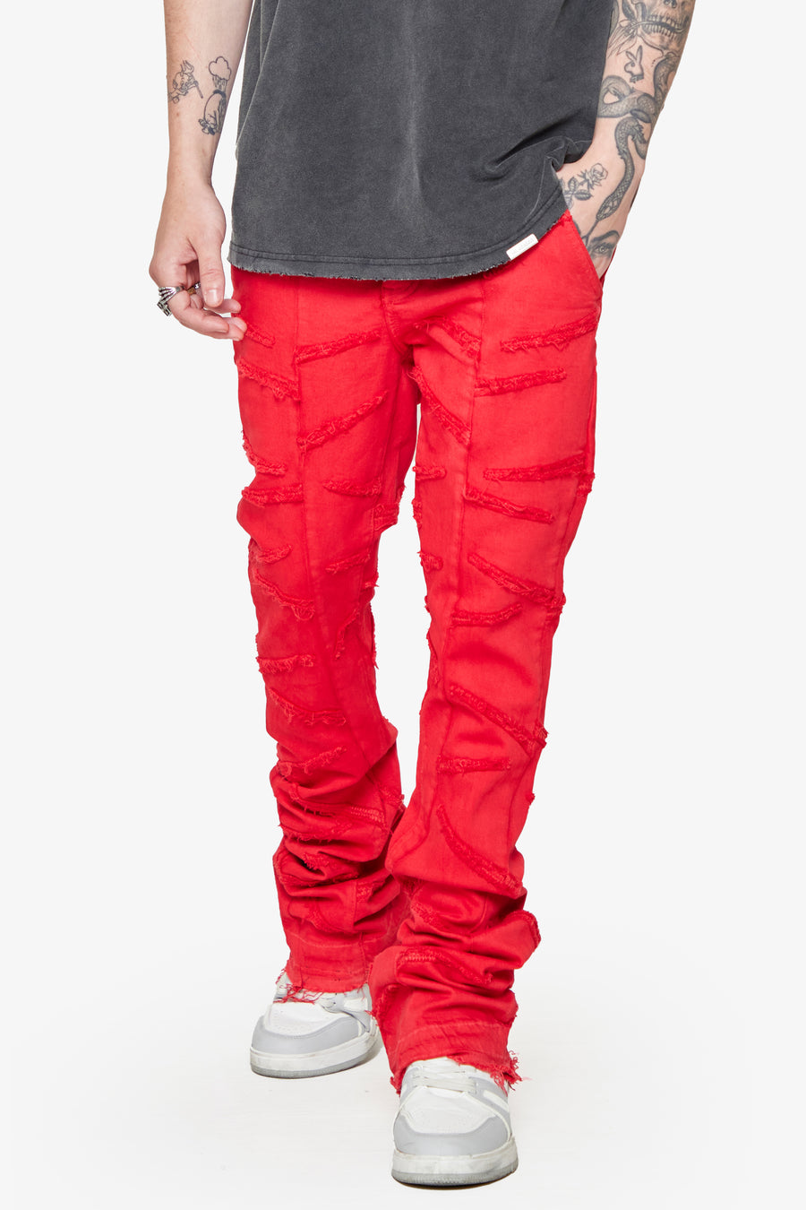 “SABER” RED WASHED STACKED FLARE JEAN