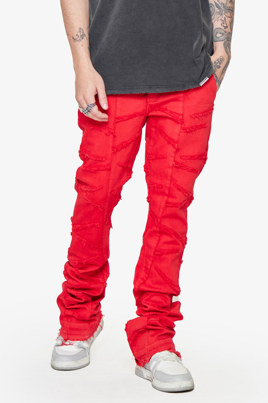 ‚ÄúSABER‚Äù RED WASHED STACKED FLARE JEAN