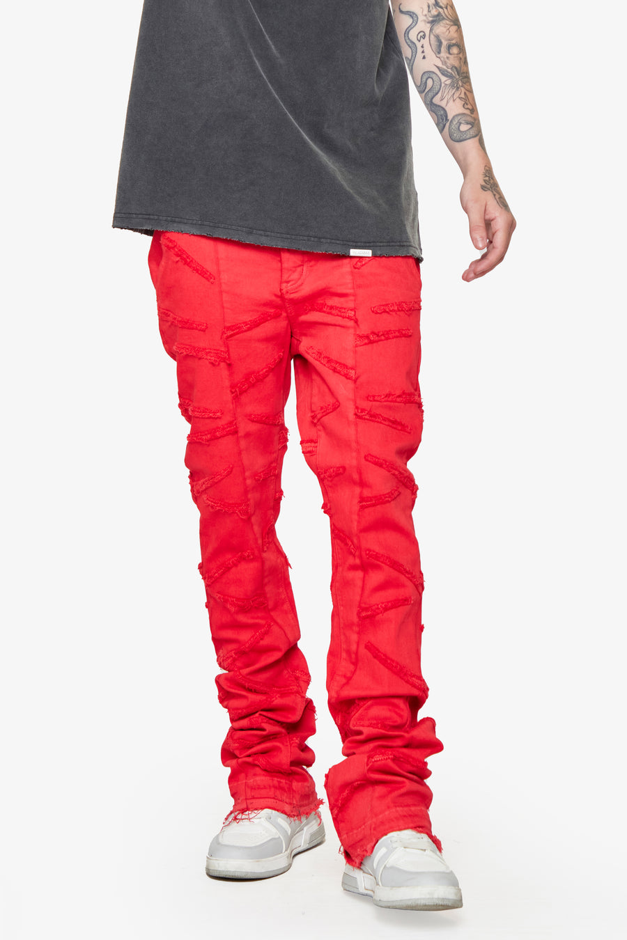 ‚ÄúSABER‚Äù RED WASHED STACKED FLARE JEAN