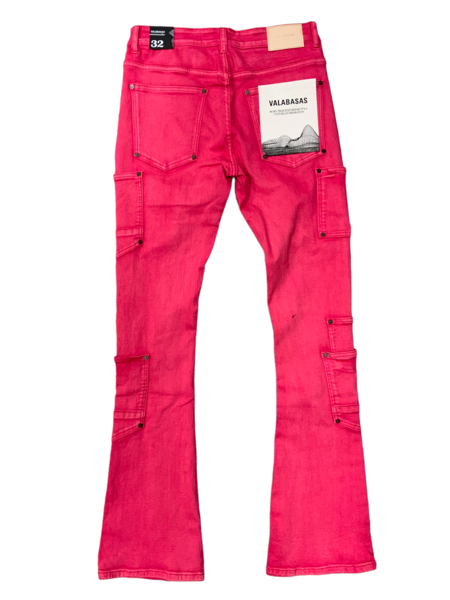 "POCROS" RED STACKED FLARE DENIM