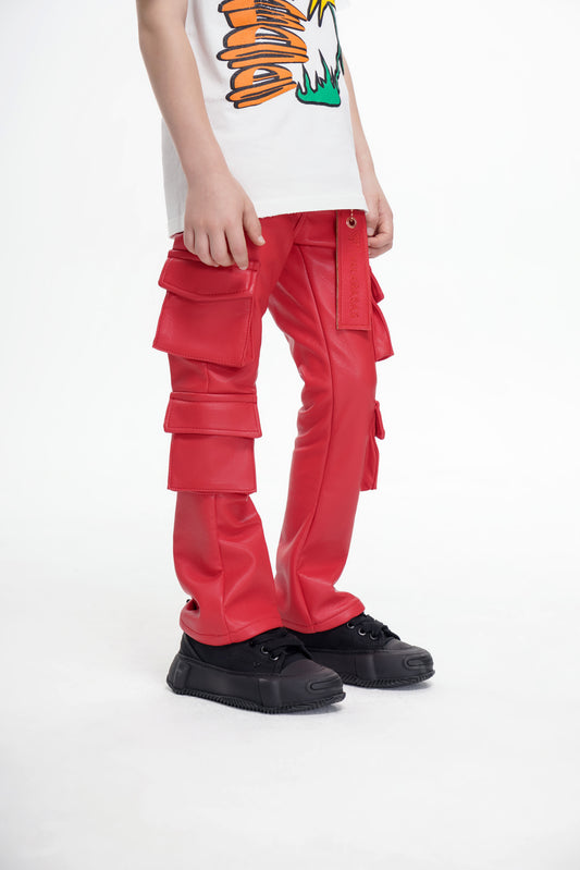 Kids Banjo Stacked Red Leather Pants