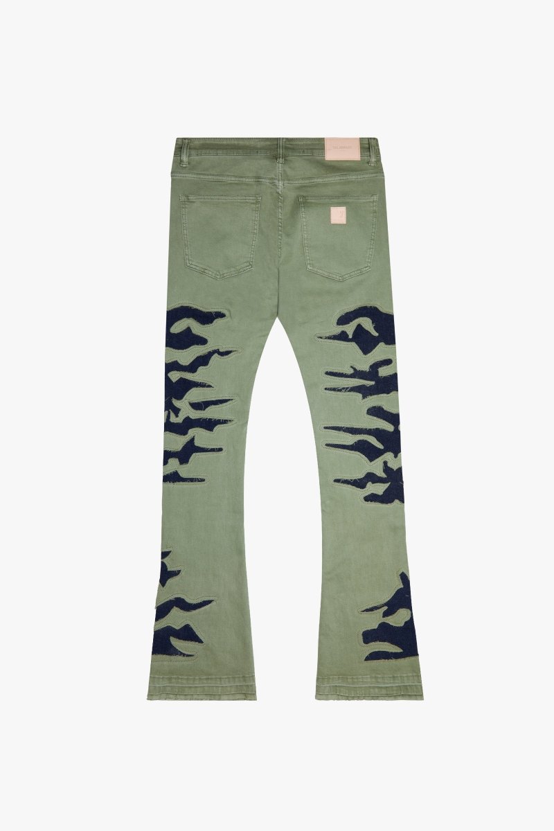 "ABYSS" STACKED FLARE DENIM BLACK X GREEN - Valabasas