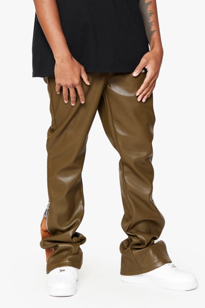 "CERNIERA” STACKED FLARE LEATHER OLIVE BROWN - Valabasas