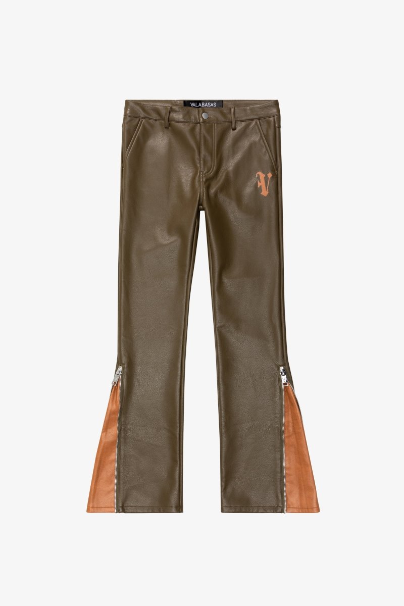 "CERNIERA” STACKED FLARE LEATHER OLIVE BROWN - Valabasas