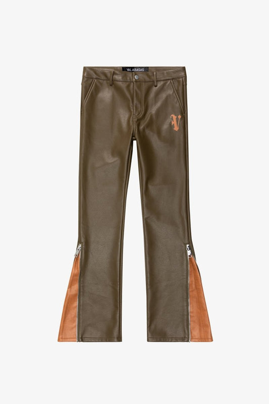 "CERNIERA” STACKED FLARE LEATHER OLIVE BROWN - Valabasas