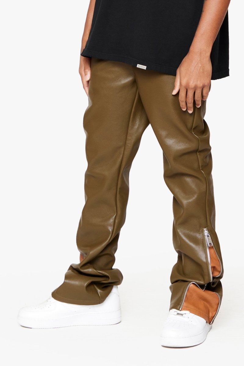 CERNIERA” STACKED FLARE LEATHER OLIVE BROWN – Valabasas