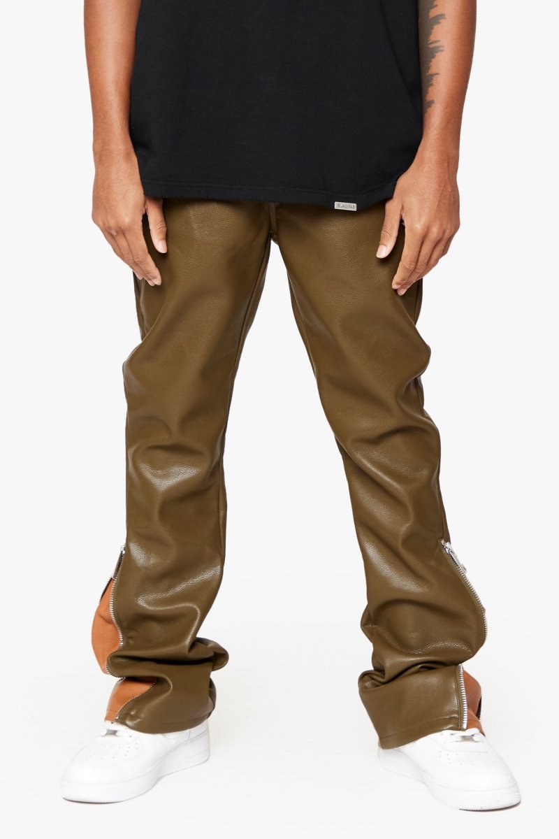 "CERNIERA” STACKED FLARE LEATHER OLIVE BROWN - Valabasas