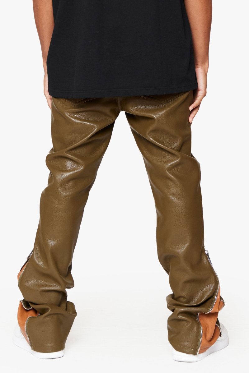 "CERNIERA” STACKED FLARE LEATHER OLIVE BROWN - Valabasas