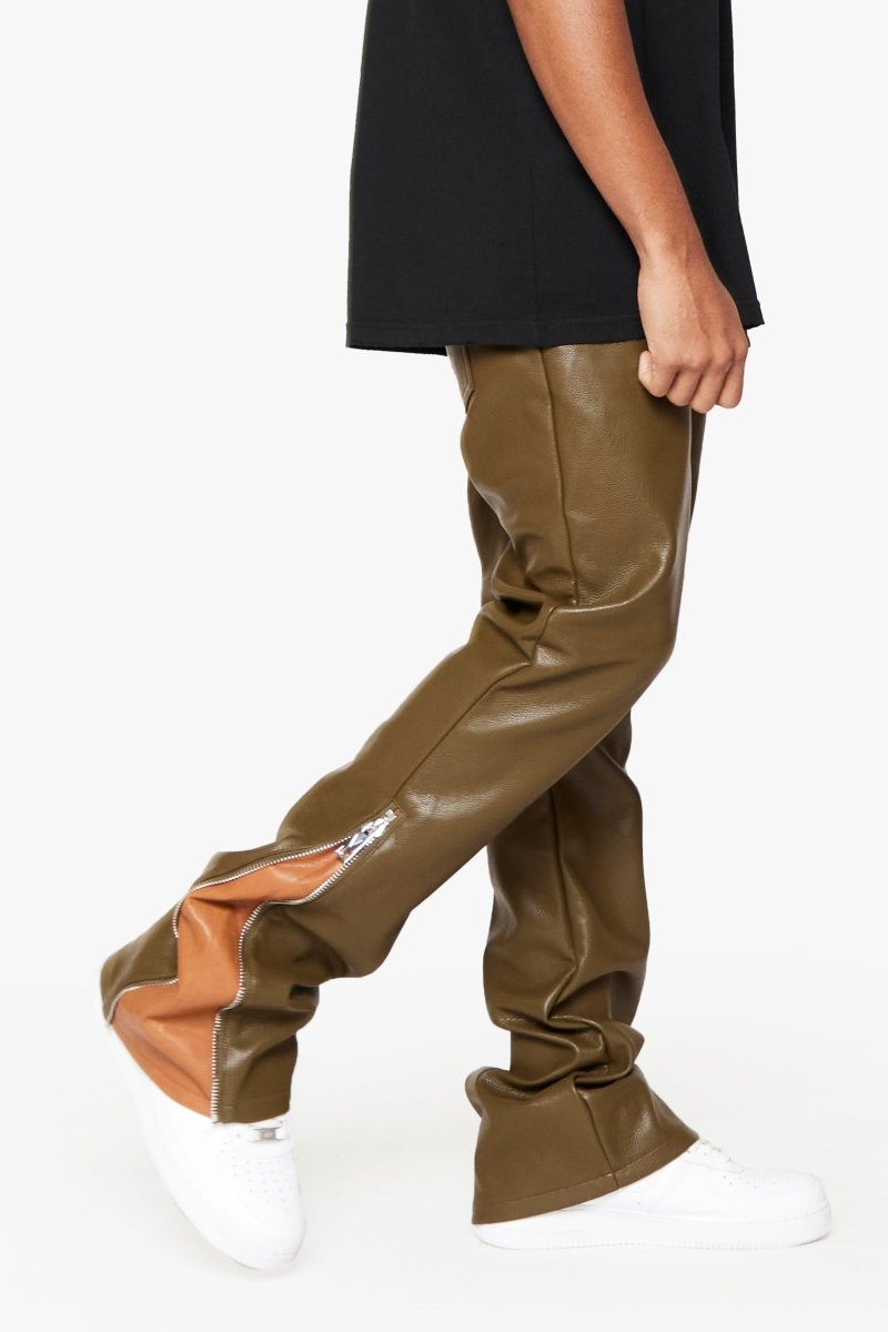 "CERNIERA” STACKED FLARE LEATHER OLIVE BROWN - Valabasas