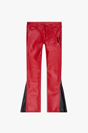 "SUPERIOR WORLD" RED LEATHER STACKED FLARE JEAN