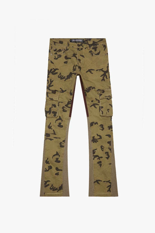 "COMMANDER" STACKED FLARE JEAN GREEN BROWN CAMO - Valabasas