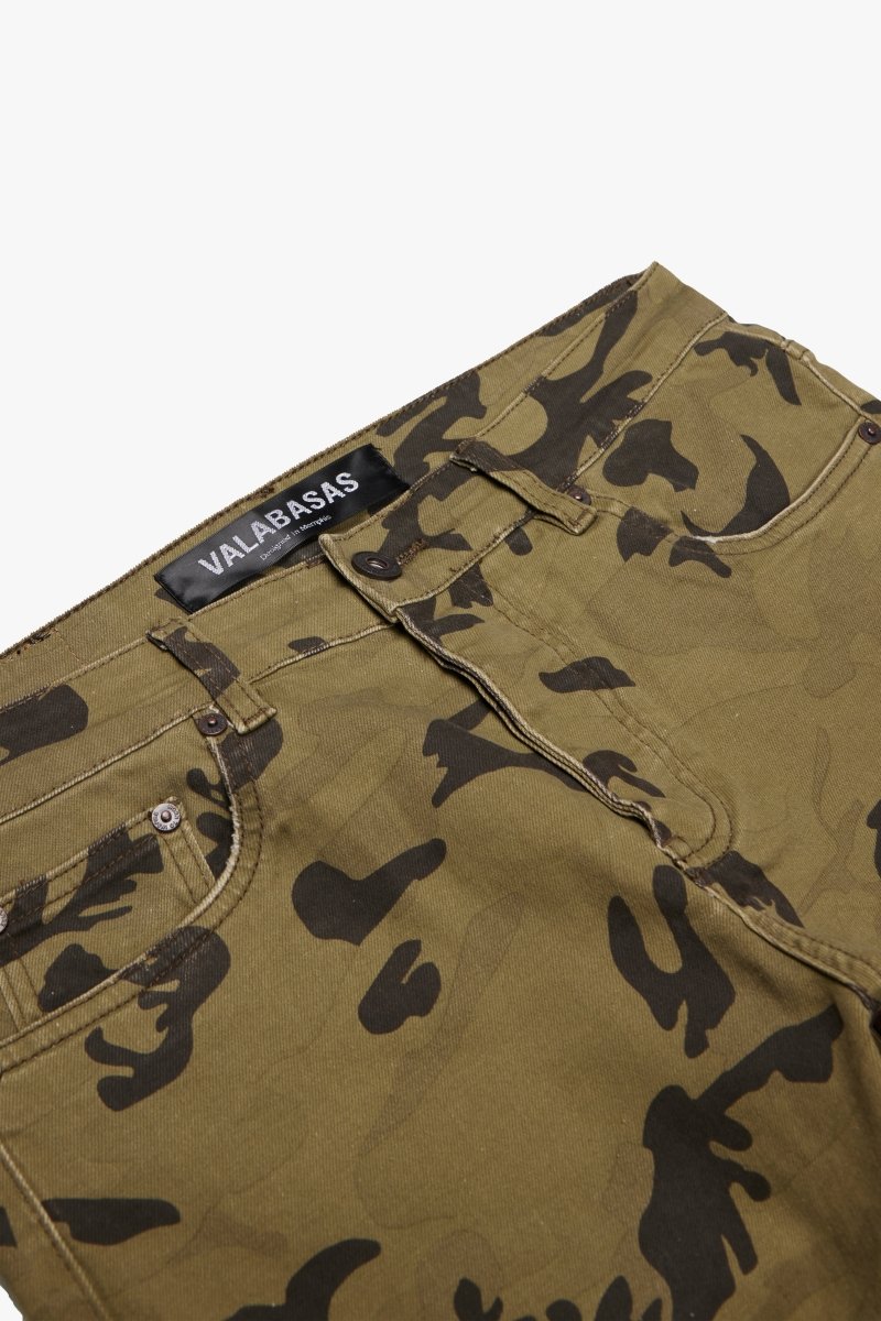 "COMMANDER" STACKED FLARE JEAN GREEN BROWN CAMO - Valabasas