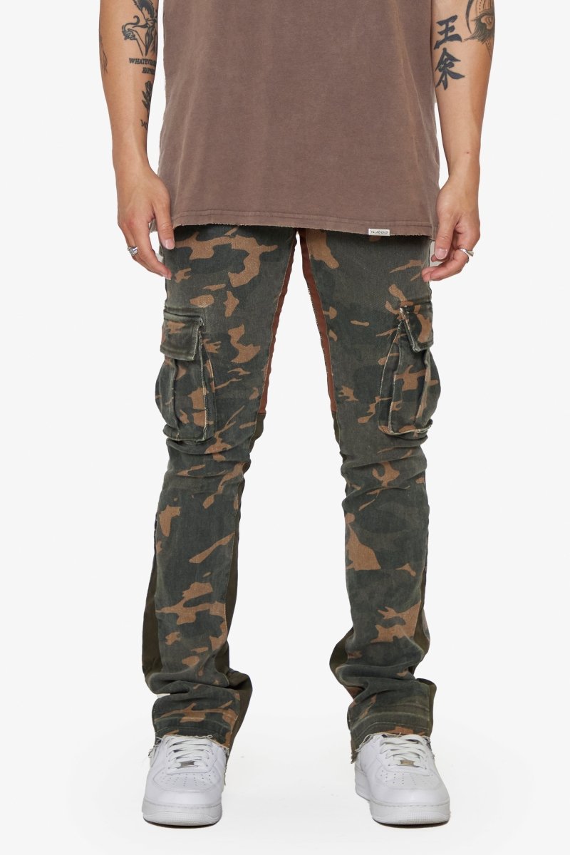 "COURAGE" STACKED FLARE JEAN OLIVE CAMO - Valabasas