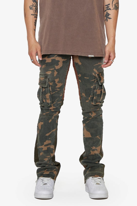 "COURAGE" STACKED FLARE JEAN OLIVE CAMO - Valabasas