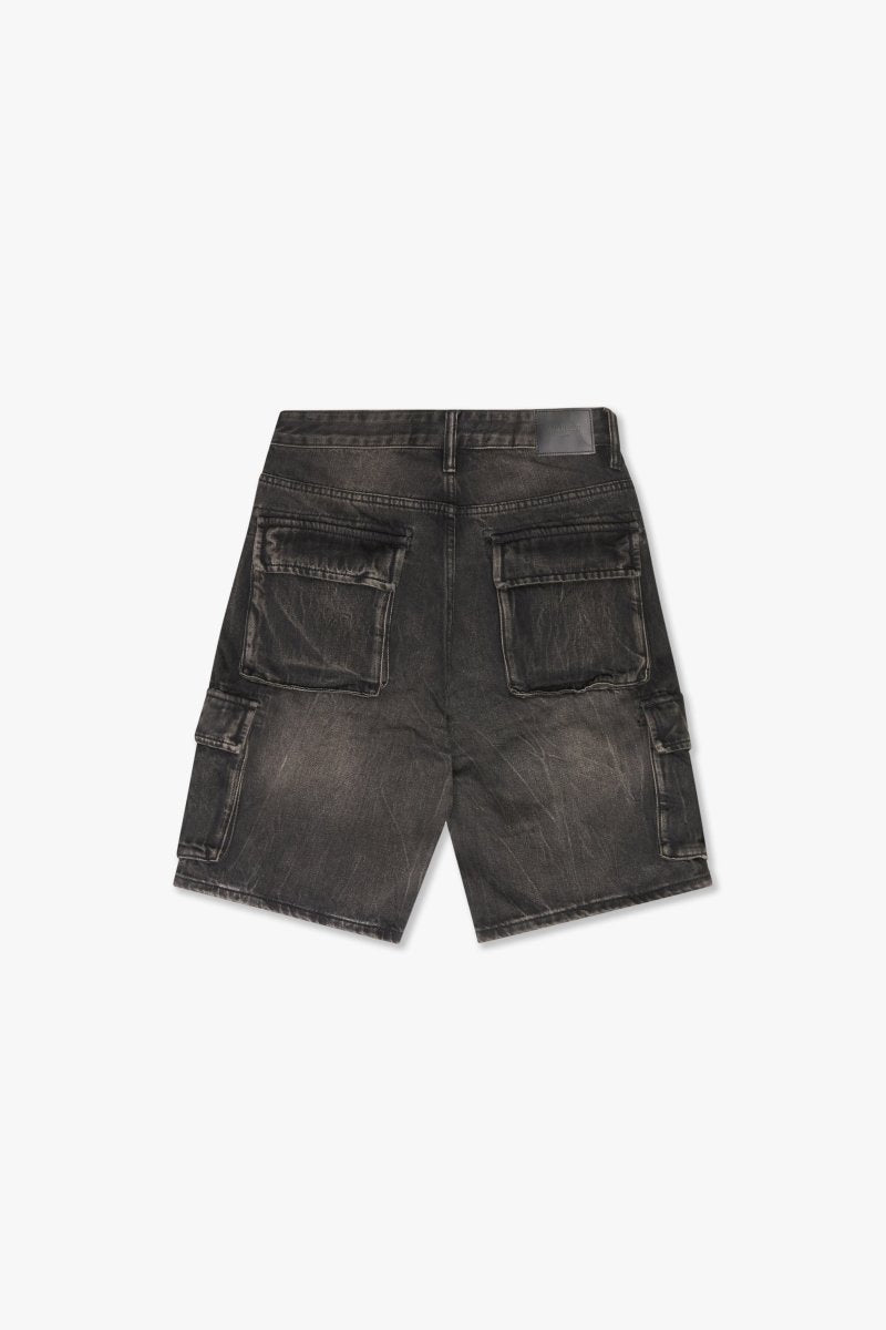 "CUTLASS" DENIM CARGO SHORTS BLACK WASH - Valabasas