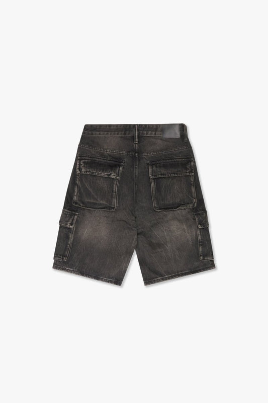 "CUTLASS" DENIM CARGO SHORTS BLACK WASH - Valabasas