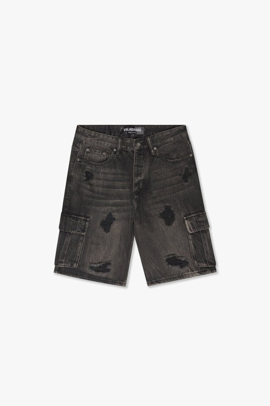 "CUTLASS" DENIM CARGO SHORTS BLACK WASH - Valabasas