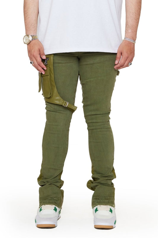 "DAPPER” STACKED FLARE JEAN OLIVE WASHED - Valabasas