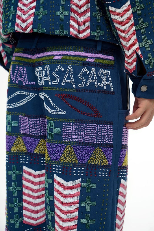 Dedication Navy Hand Beaded Pants - Valabasas