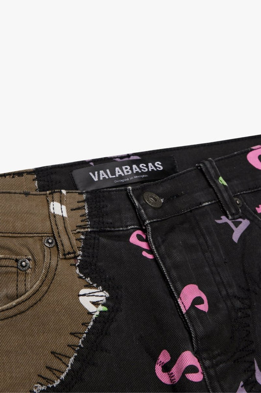 "DISTRACTED" STACKED FLARE JEAN OLIVE - BLACK - Valabasas