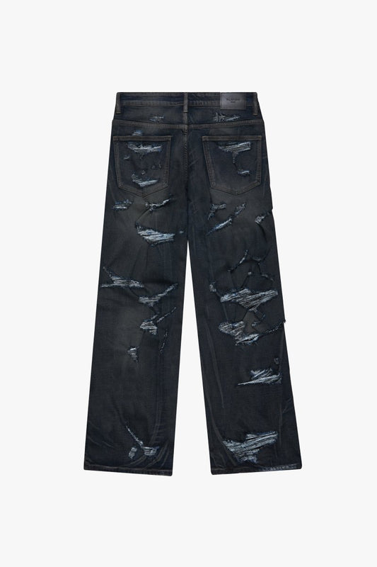 "DISTRESSED" BAGGY DENIM JEAN DIRTY DARK BLUE - Valabasas