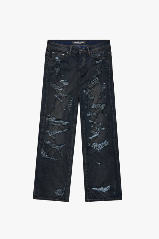 "DISTRESSED" BAGGY DENIM JEAN DIRTY DARK BLUE - Valabasas