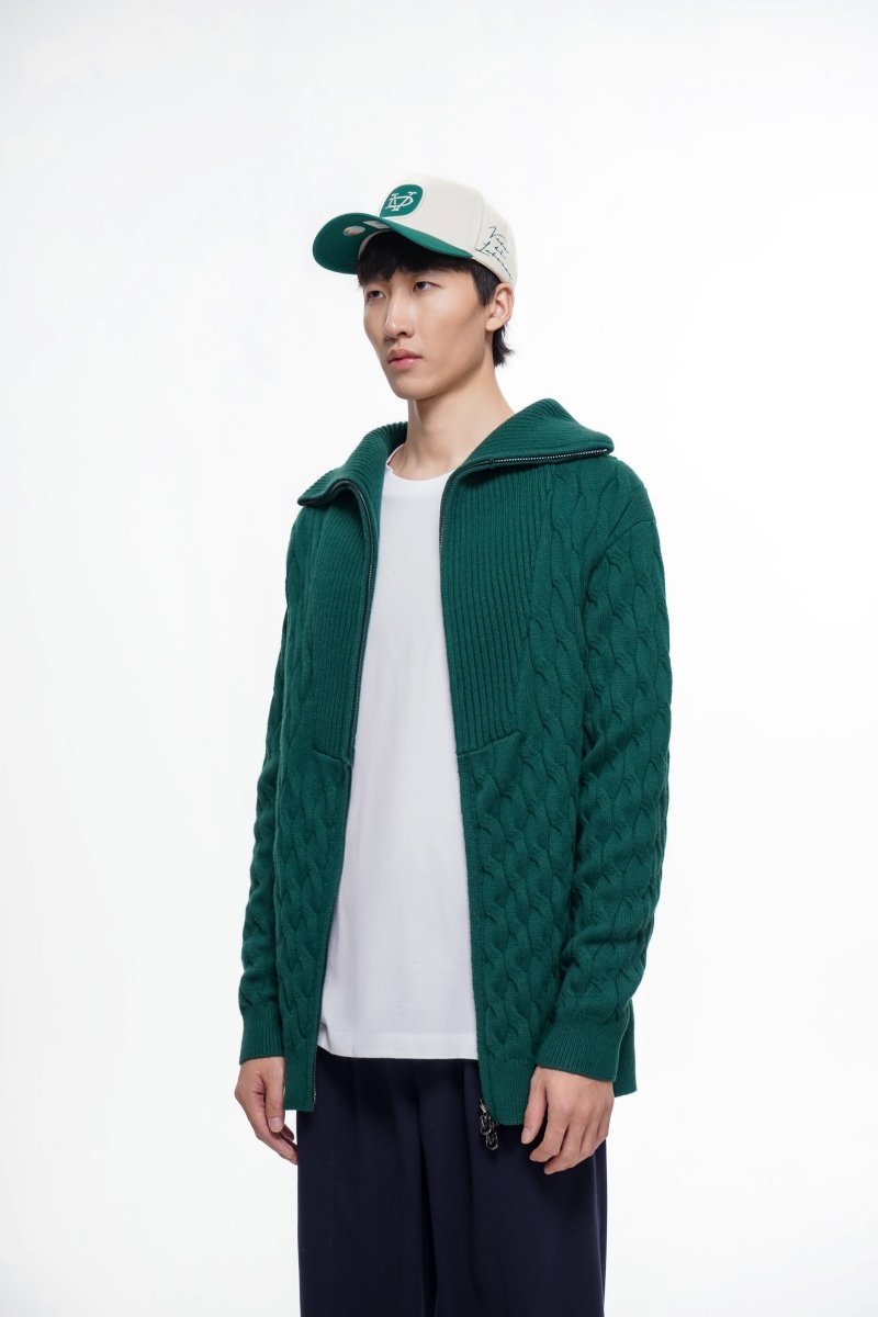 Domus Cable Knit Jacket – Green (Cashmere Blend) - Valabasas