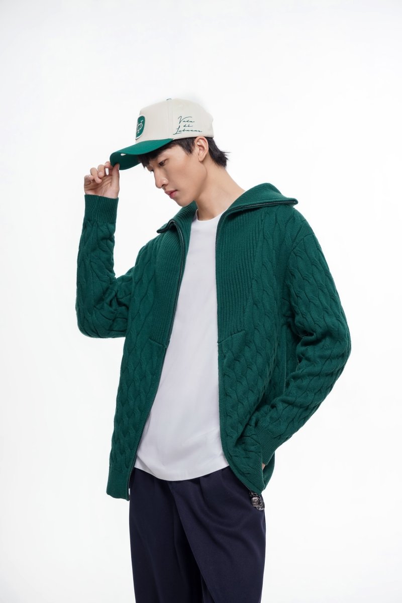 Domus Cable Knit Jacket – Green (Cashmere Blend) - Valabasas