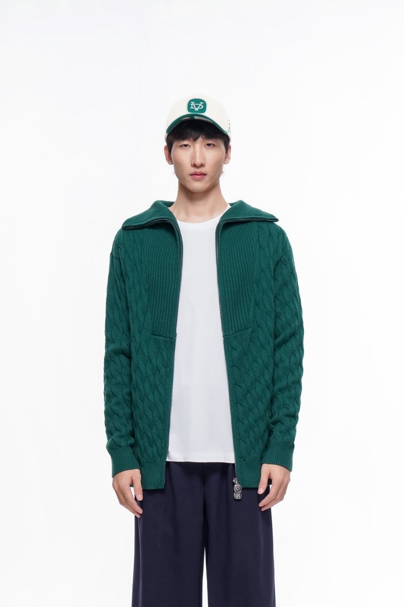 Domus Cable Knit Jacket – Green (Cashmere Blend) - Valabasas